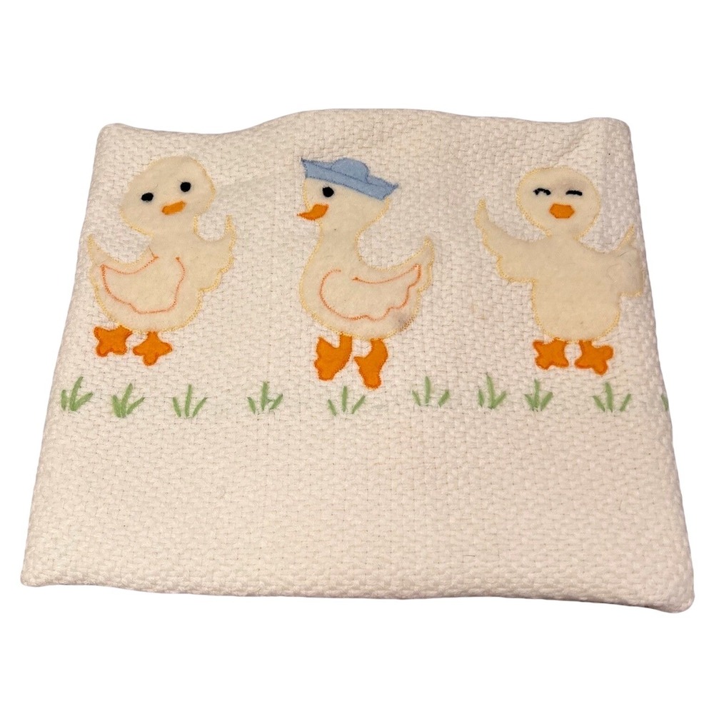 Vtg Baby Blanket Hand Woven Duckling Appliqués Embroidered White & Yellow Fringe